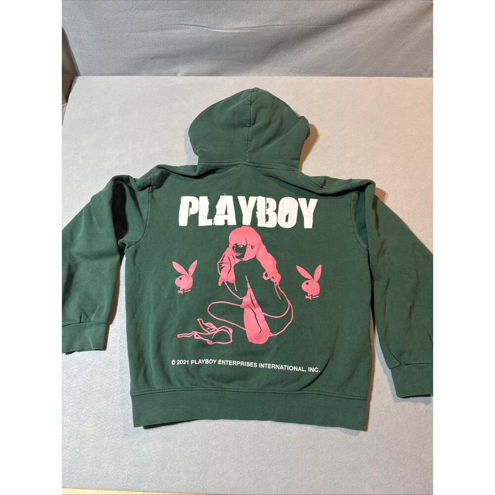 Playboy by Pacsun Hoodie Mens Medium Green Graphic Bunny Lady Sweatshirt Y2K